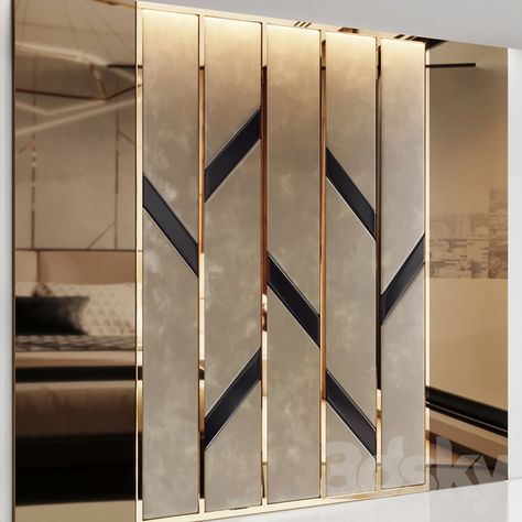 3d models: Other decorative objects - Headboard made of bronze mirror and soft beige panels Interior Mirror Design, Bronze Mirror Wall Panel, Brown Mirror Wall Interior Design, Back Bed Wall Design, Mirror Panel Wall Living Rooms, Bronze Mirror Panelling, Wall Panel Mirror, Wall Glass Design, Panels On Walls