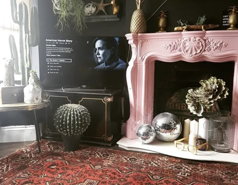 Fireplace Disco Ball, Disco Ball In Fireplace, Disco Balls In Living Room, Fireplace Decor Eclectic, Disco Balls In Fireplace, Fireplace Maximalist, Disco Ball Office, Disco Fireplace, Disco Ball Fireplace