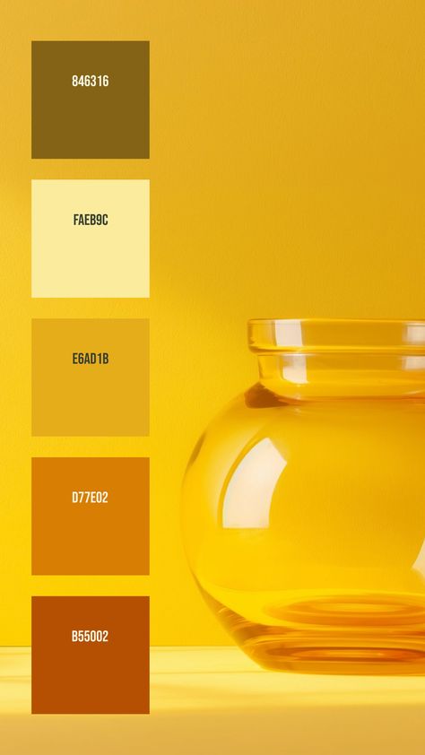 Colors:
846316
FAEB9C
E6AD1B
D77E02
B55002 Tumeric Colour Palette, Yellow Color Palette Colour Schemes, Yellow Color Pallet, Yellow Colour Palette, Amber Glass Vase, Yellow Palette, Limited Color Palette, Hex Color Palette, Color Palette Yellow