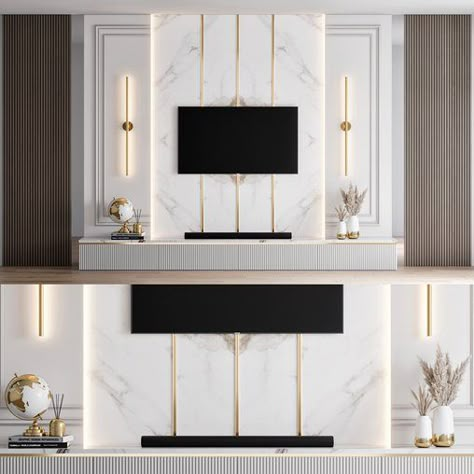 TV Wall 32 European Style Tv Unit Design, Tv Wall Neoclassic, Wall Panel Design Modern Luxury, Neoclassical Tv Wall Design, Classic Tv Wall Design, Classic Tv Wall, Tv Cabinet Wall Design, Tv Unit Interior Design, Tv Cabinet Design