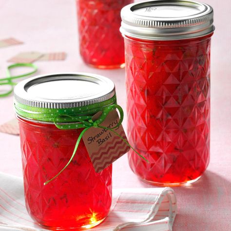 Strawberry Basil Jam Recipe -I make this recipe with fresh-picked strawberries and fresh basil grown in my own herb garden. This unique sweet and savory jam makes a perfect gift—just add a bright ribbon around the top with a gift tag! The deep red jam, laced with flecks of green basil is so beautiful.—Julie O'Neil, Two Harbors, Minnesota Strawberry Basil Jam Recipe, Basil Jam Recipe, Strawberry Basil Jam, Basil Jam, Easy Strawberry Jam, Savory Jam, Best Dutch Oven, Strawberry Basil, Strawberry Jam Recipe