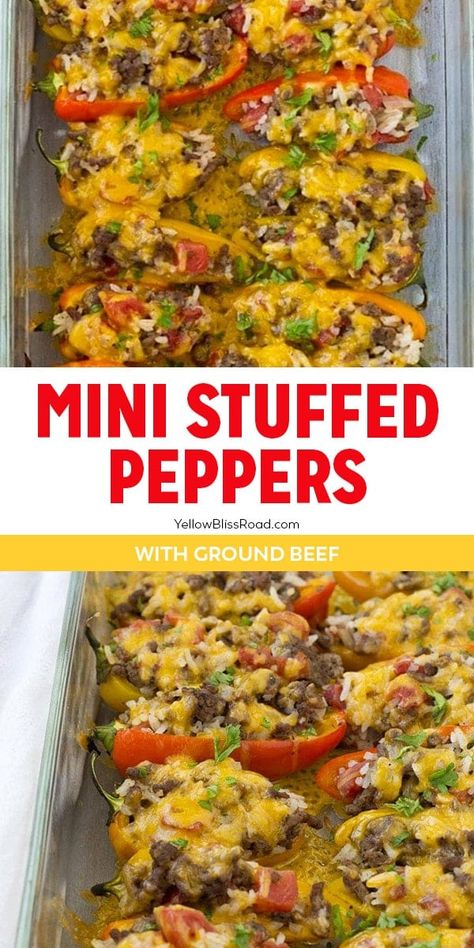 Stuffed Mini Peppers are sweet peppers stuffed with ground beef, tomatoes and rice for an adorable "mini" version of classic stuffed peppers. Easy Stuffed Mini Peppers, Stuffed Mini Sweet Peppers Ground Beef, Small Stuffed Peppers, Stuffed Mini Peppers With Ground Beef, Inside Out Stuffed Peppers, Stuffed Small Sweet Peppers, Small Pepper Recipes, Sweet Mini Pepper Recipes, Mini Pepper Recipes