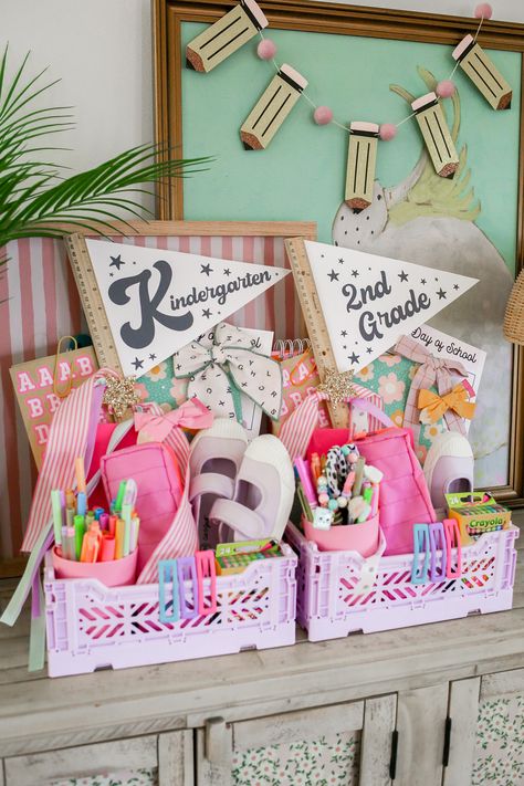 Back To School Basket Kindergarten, First Day Of Summer Gift For Kids, Gift For First Day Of Kindergarten, Last Day Of School Baskets For Kids, Back To School Mom Party, Back To School Box Gift, Dollar Tree Back To School Gifts, Kids First Day Of School Gift, Teacher Gifts Start Of The Year