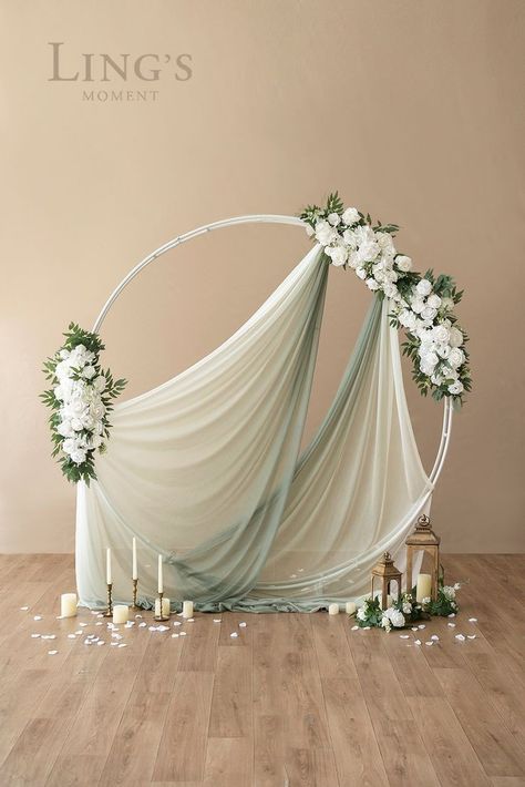 Fan Decorations Backdrop, Sage Theme Wedding Decor, Circle Decorations Wedding, Wedding Material Decorations, Sage Green Wedding Arch Ideas, Chiffon Wedding Decorations, Green Sage Decor, Circle Wedding Backdrop Ideas, Ring Backdrop Decor