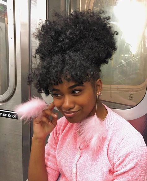 Afro Bun With Bangs, 2 Bangs With Ponytail Natural Hair, Curly Puff And Bangs, Afro Puffs With Bangs, Curly Puff With Bangs, Curly Bangs With Ponytail, Bangs With Natural Hair, Afro Puff With Bangs, Curly Bangs Natural Hair