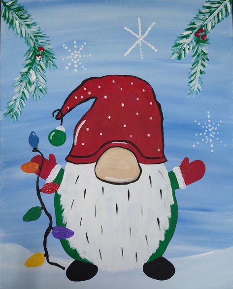 Christmas Gnome Acrylic Painting, Preppy Christmas Paintings, Whimsical Christmas Paintings, Christmas Art Easy, Simple Christmas Paintings On Canvas, Christmas Paintings On Canvas Acrylics, Simple Christmas Paintings, Kids Painting Class, Dyi Painting