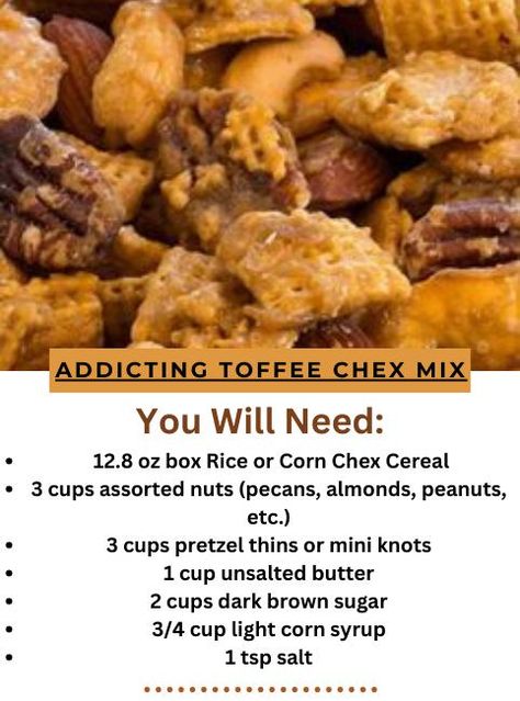 Gourmet galores - Addicting Toffee Chex Mix Recipe... Chex Cereal Recipes, Chex Mix Ingredients, Toffee Pretzels, Chex Party Mix Recipe, Chex Mix Recipes Sweet, Homemade Chex Mix Recipe, Chex Mix Christmas, Pretzel Thins, Chex Mix Recipe