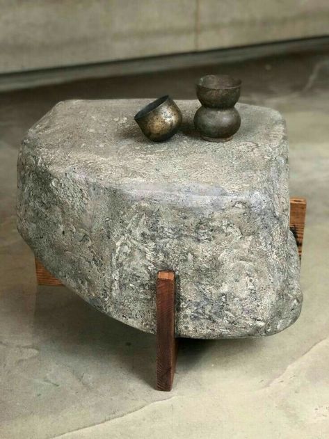 Burn Barrel Ideas Design, Stone Wood Table, Stone Decoration Ideas, Stone Furniture Design, Stone Table Design, Concrete And Wood Interior, Outside Coffee Table, Concrete Furniture Design, Rock Furniture