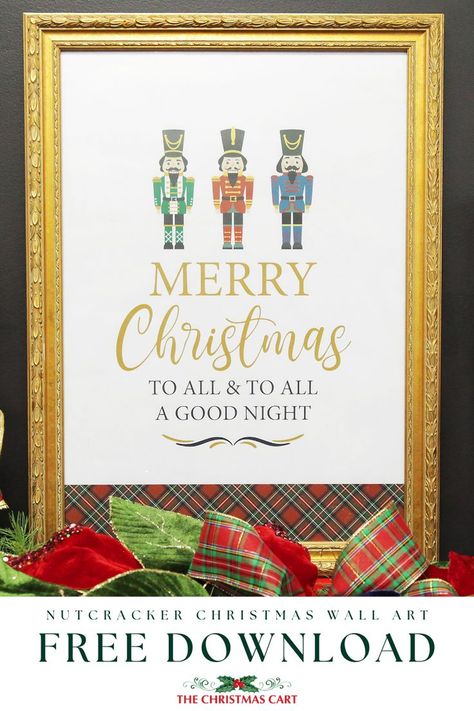 Spread holiday cheer with our free printable wall art featuring enchanting nutcracker designs and the classic phrase 'Merry Christmas to All and to All a Good Night.' Perfect for adding a touch of whimsy to your seasonal decor. Download our print now and adorn your home with the spirit of the Nutcracker Christmas! Check out our inspiration gallery for more inspiration on what to pair this print with and how to decorate with nutcracker Christmas decorations. Free Nutcracker Printable, Nutcracker Printables Free, Nutcracker Christmas Decorations Ideas, Nutcracker Quotes, The Nutcracker Christmas, Nutcracker Design, Nutcracker Decor, Nutcracker Christmas Decorations, Christmas Download