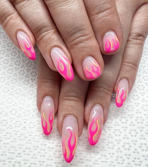 Nail With Flames, Short Almond Flame Nails, Easy Flame Nails, Neon Flame Nail Art, Ombre Flame Nails, Bonfire Night Nails, Hot Pink Flame Nails, Flame Nails Short, Short Flame Nails