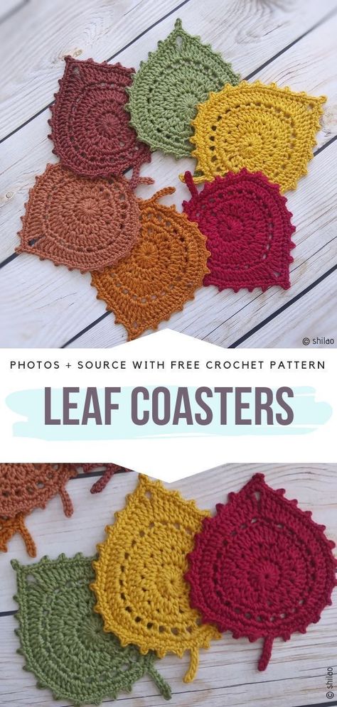 Leaf Coasters Free Crochet Pattern This is a perfect autumn decoration. These little Leaf Coasters will look amazing both on a wooden table, and as an applique on your poncho or a bag! You can make a garland using them, too. Go for typical autumnal colours, such as burgundy, mustard, browns and sage green, or try something more energetic! They are fast and easy to make. #crochetcoasters #crochetleaf #crochetforfall Crochet Borders For Blankets, Leaf Coasters, Crochet Coasters Free Pattern, Fall Crochet, Fall Crochet Patterns, Easy Knitting Projects, Crochet Geek, Crochet Coaster Pattern, Autumn Decoration