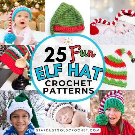 25 Free Elf Hat Crochet Patterns The Entire Family Will LOVE - Stardust Gold Crochet Crochet Elf Hat Pattern Free Kids, Crochet Elf Hat Pattern Free, Crochet Santa Hat Free Pattern, Crochet Santa Hat Pattern, Elf Hat With Ears, Crochet Elf Hat Pattern, Hat Crochet Patterns, Crochet Elf Hat, Baby Elf Hat