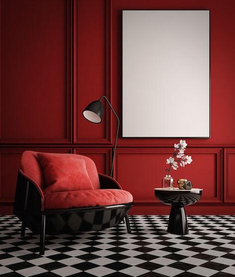 Modern classic style interior with red w... | Premium Photo #Freepik #photo #classic-furniture #armchair #furniture #home-furniture Mediterranean Style Interior, Classic Modern Interior, Living Room Mediterranean, Empty Rooms Interior, Red Interior Design, Red Hotel, Boho Style Interior, Classic Style Interior, Photo Classic