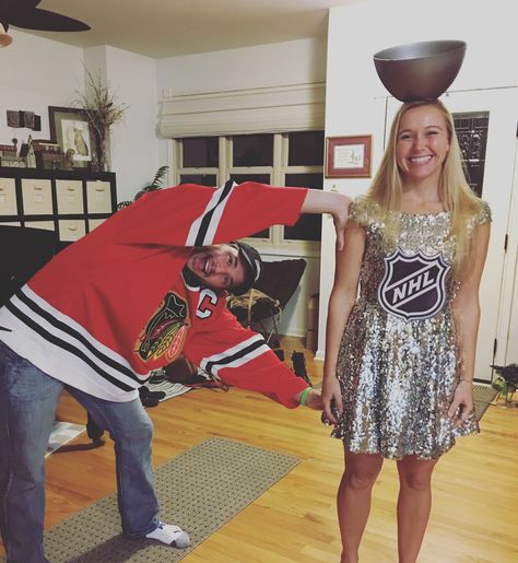 Halloween couple costume partner hockey player Stanley cup blackhawks sparkly Couple Halloween Costumes Stanley Cup, Hockey Player Halloween Costume, Stanley Cup Costume, Hockey Couple, Couples Sports, Halloween Couple Costume, Hockey Halloween, Sports Couples, Halloween Couple