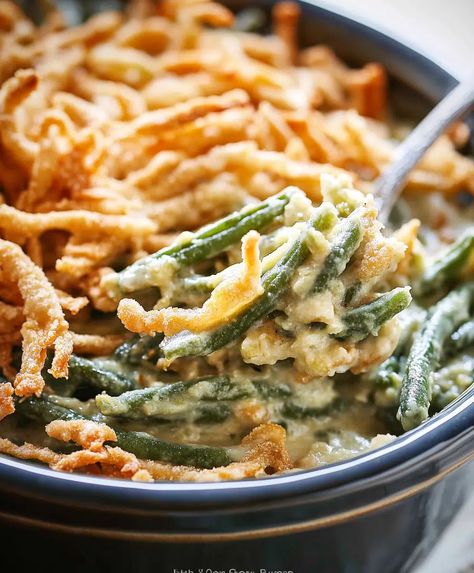 Crockpot Green Bean Casserole Recipe - sandyrecipes.com Crockpot Green Beans And Bacon, Crockpot Green Bean Casserole, Green Beans And Bacon, Mushrooms Sauce, Beans And Bacon, Fresh Green Bean Casserole, Crockpot Green Beans, Green Bean Casserole Crock Pot, Creamy Green Beans