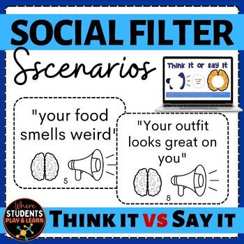 This is a set of 10 Think it vs Say it scenarios to help your students develop important social skills. Ten different social situations, along with a coloring worksheet to help students decide whether to "think it" or "say it" in response. In addition, there's a Google Slides digital activity where students can drag and drop their responses for each scenario. Use these scenario cards and digital activities as part of your spring social skills activities to encourage thoughtful and appropriate so Think It Or Say It Activities, Think It Or Say It, Spring Social, Manners For Kids, Coloring Worksheet, Social Skills Activities, Social Thinking, Counseling Activities, Social Behavior