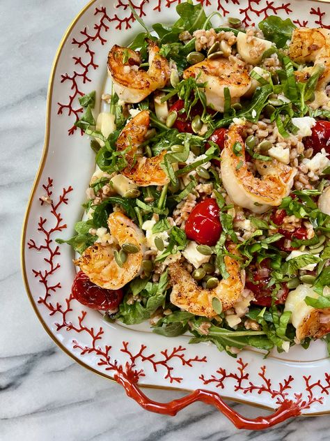 Blistered Tomato And Farro Shrimp Salad, Blistered Tomatoes, Jeff Mauro, Raw Pumpkin Seeds, Farro Salad, Toasted Pumpkin Seeds, Carrot Salad, Dinner Entrees, Shrimp Salad