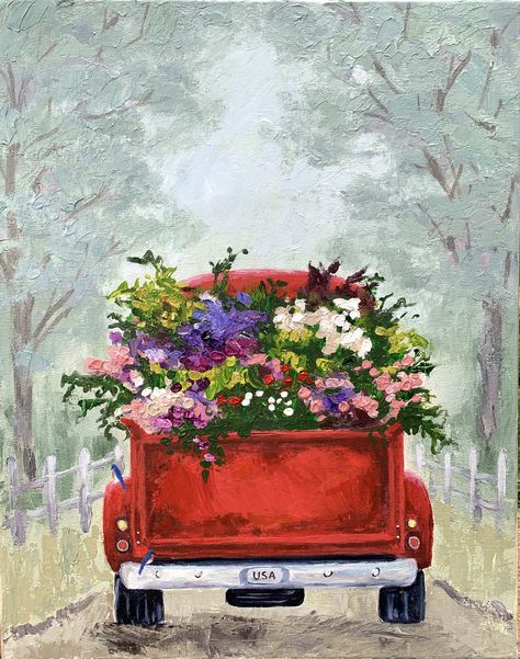 Car With Flowers Painting, Flowers In Back Of Truck, Vintage Trucks With Flowers, Vintage Painting Acrylic, Flower Truck Painting, Truck With Flowers Painting, Spring Flower Painting On Canvas, Spring Truck Painting, Old Truck Paintings Easy