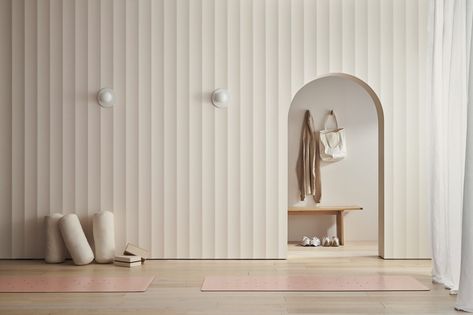 White Panelling Wall, Scallop Wall Panel, Fluted Half Wall, Laminex Wall Panelling, Laminex Surround Bedroom, Wall Panel Bathroom, Laminex Surround, Laminex French Stripe, Fluted Pvc Wall Panel