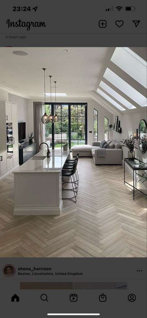 Modern Kitchen Diner Open Plan, Kitchen Dining Living Room Extension, Open Plan Entertainment Area, Kitchen Diner Sofa, Large Kitchen Diner Lounge Open Plan, Uk Extension Ideas, Kitchen Diner Family Room Open Plan, L Shape Extension, Extention House Ideas