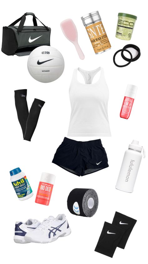 Volleyball bag essentials Volleyball Outfits Practice Aesthetic, What To Wear To Volleyball Camp, What To Pack In Your Volleyball Bag, What To Wear To Volleyball, What To Wear To Volleyball Practice, Volleyball Outfits For School, Volleyball Bag Essentials List, Volleyball Outfits Practice, Volleyball Essentials