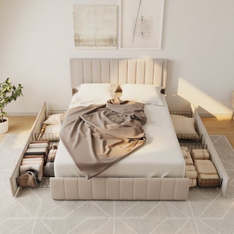 Arrives by Tue, Jan 16 Buy Aiho Bed Frame Queen with 4 Storage Drawers for Bedroom, Beige at Walmart.com Storage Bed Queen, Bed Frame With Drawers, Queen Size Platform Bed, Full Bed Frame, Beige Bed, Platform Bed With Storage, Dekorasi Kamar Tidur, Queen Bed Frame, Inspire Me Home Decor