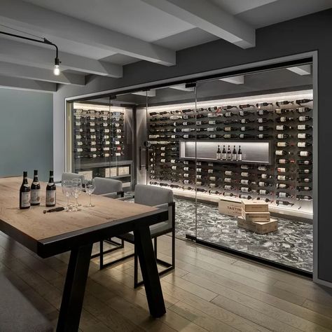 Wine Cellar Wall Dining Room, Wine Cellar Closet, Wine Cellar Ideas, Modern Wine Cellar, Wine Cellar Wall, Contemporary Wine Cellar, Wine Room Design, Custom Wine Room, Cellar Ideas