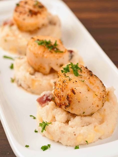 Seared Scallops with Creamy Bacon Grits Recipe | MyGourmetConnection Bacon Grits, Bacon Dinner, Creamy Grits, Corn Grits, Pan Seared Scallops, Grits Recipe, Seared Scallops, Creamy Corn, Scallop Recipes