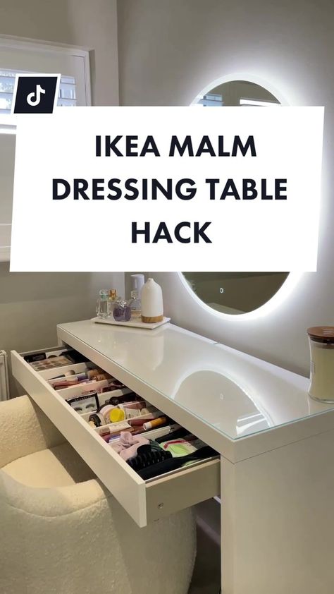 Ikea Malm Vanity Hack, Ikea Malm Table, Makeup Table Ikea, Dressing Table Hacks, Ikea Vanity Table, Ikea Room Ideas, Ikea Malm Desk, Diy Dressing Tables, Ikea Dressing Table