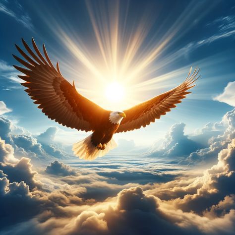 A majestic eagle soaring high in the sky, embodying freedom and strength, with a radiant sun in the background symbolizing hope and renewal. The scene is set against a vast, clear blue sky, conveying a sense of peace and empowerment. This image visually represents the metaphor of empowerment from Isaiah 40:31, capturing the essence of strength and endurance renewed through hope and faith. Eagle Background, Blessed Wallpaper, Freedom Images, Bible Affirmations, Eagle Soaring, American Wallpaper, Christian Graphics, Affirmations For Success, Dove Pictures