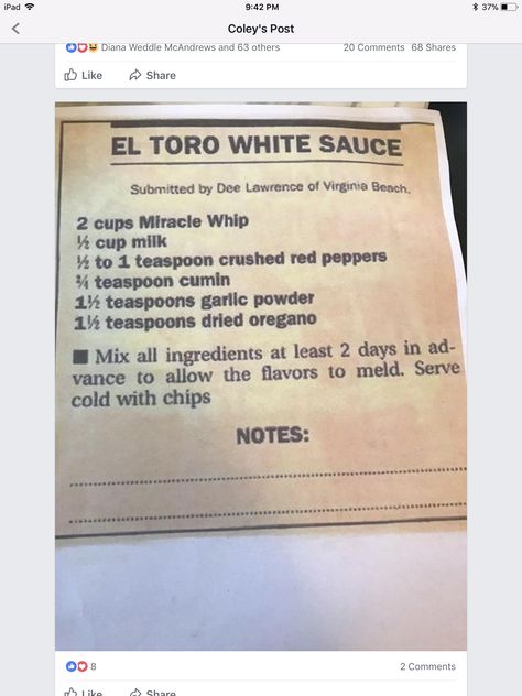 El Toro White Sauce, Mexican White Sauce, Guacamole Salsa, White Sauce Recipes, Tacos And Tequila, Miracle Whip, Homemade Condiments, White Sauce, Dip Recipes Easy