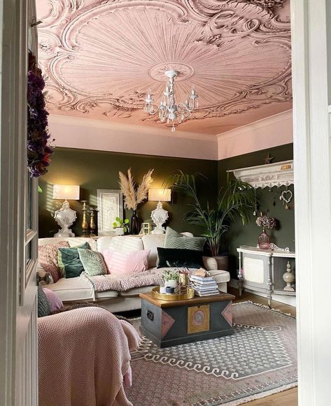 Good Housekeeping UK on Instagram: “Who else is loving this extravagantly decorated lounge? 😍 Rg: @life_behind_glebehousevintage via @myhousethismonth” Pink Green Bedrooms, Ceiling Mural, Pink Ceiling, Ceiling Murals, Pink Living Room, Green Paint Colors, Little Greene Paint, Green Rooms, Bedroom Green