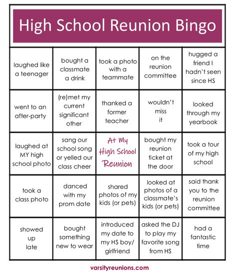 High School Reunion Bingo - Just for fun! Reunion High School, High School Reunion Activities, Games For Class Reunions, High School Reunion Games Ice Breakers, How To Plan A Class Reunion High Schools, High School Reunion Games, Class Reunion Questions For Prizes, Planning A High School Reunion, High School Reunion Outfit