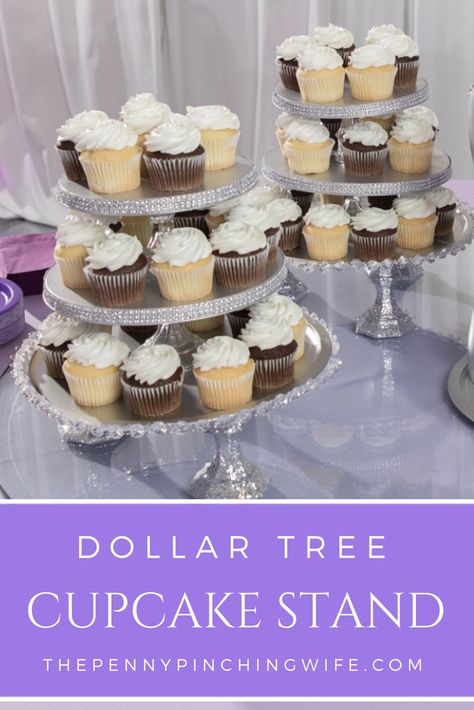 Dollar store. Wedding. Easy. Baby shower. Cheap. Tier. Ideas. Tutorial. Learn how to make this gorgeous cupcake stand with just a few dollar tree items. #dollartree #diywedding  #dollarstorecrafts How To Make Cupcake Stand Diy, Diy Dessert Tier Stand, Dessert Table Dollar Tree, Diy Dessert Tray Tiered Stand, Cupcake Stand Ideas Display, Mini Cupcake Stand Ideas, Display Cupcakes On Table, Dollar Tree Dessert Stand, Diy Dollar Tree Dessert Stand