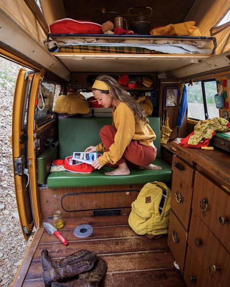 Living Out Of A Van, Living In A Van Aesthetic, Van Life Clothes, Van Art Studio, Life In A Van Aesthetic, Small Van Life, Maximalist Van Life, Vw Van Life, Cottage Core Van Life