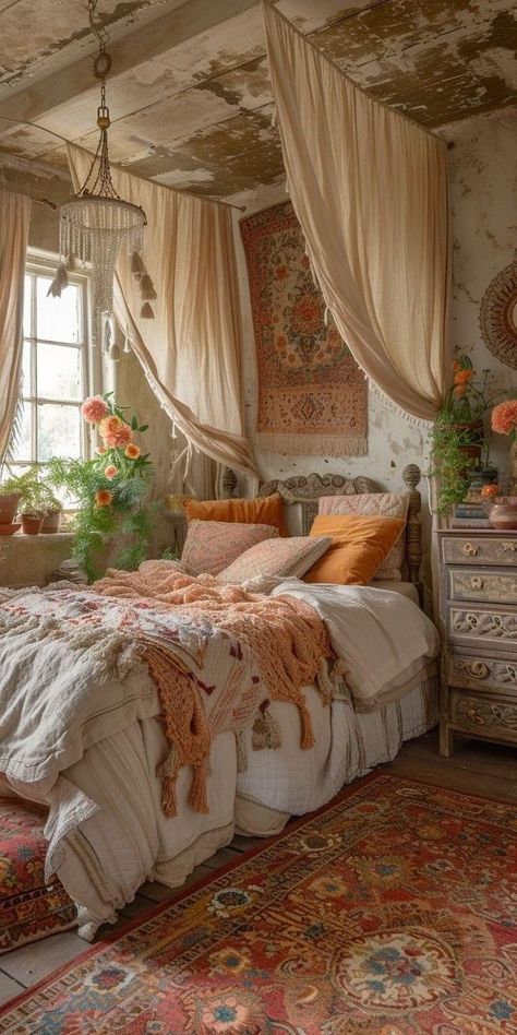 1700s Home Decor, Boho Lights Bedroom, Bohemian Look Outfits, Bohemian Bedroom Decor Chic, Bedding Ideas Boho, Fantasy Room Aesthetic, Vintage Bedroom Inspiration, Vintage Cozy Bedroom, Vintage Canopy Bed