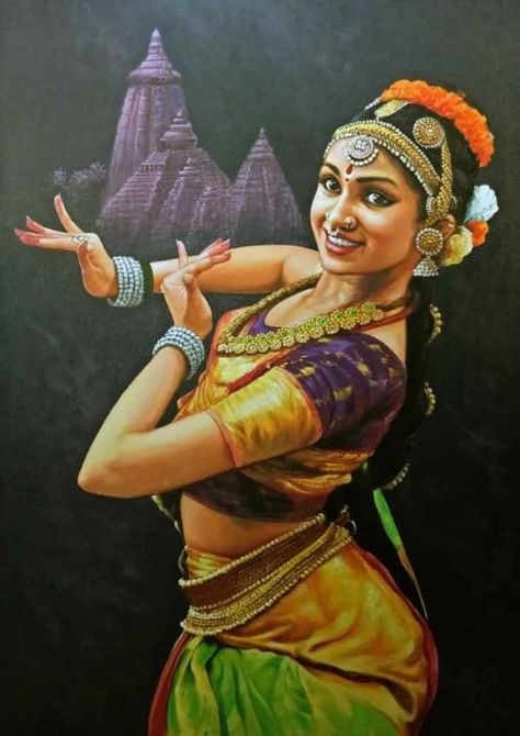 Oil And Acrylic Paintings On Canvas Of India Art And Artists Portrait Rangoli, Bharatanatyam Poses, Dance Of India, Dancer Painting, India Painting, Indian Women Painting, Indian Illustration, Kerala Mural Painting, Indian Classical Dance