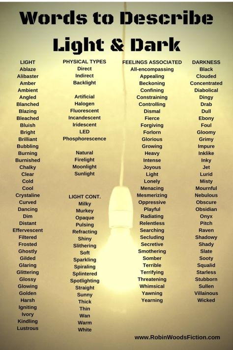 Words to Describe Light & Dark by Robin Woods www.RobinWoodsFiction.com Words For Light, Describing Words, Writing Inspiration Tips, Writing Dialogue Prompts, Writing Prompts For Writers, Creative Writing Tips, Writing Motivation, Essay Writing Skills, Good Vocabulary Words