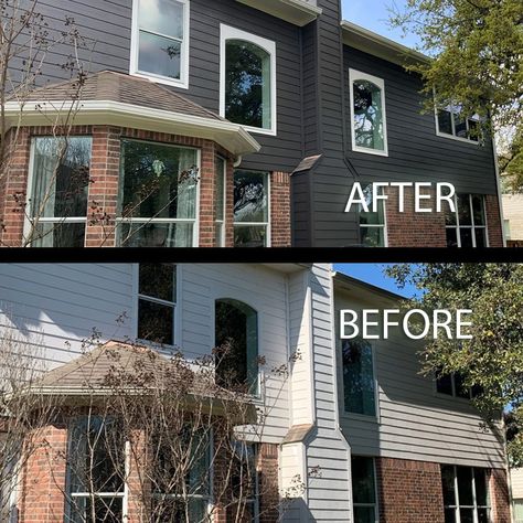 Brick House Siding, Dark Siding, Brick Colonial House, Dark Exterior House, Red Brick House Exterior, Red Brick Exteriors, Exterior Siding Colors, Urbane Bronze, Exterior House Siding