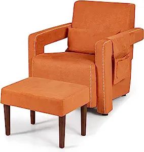 Giantex Modern Accent Chair with Ottoman, Soft Suede Fabric Armchair Single Sofa and Footstool Set w/Waist Pillow, Side Storage Bag, Adjustable Foot Pads, Leisure Club Chair for Reading, Orange Orange Ottoman, Accent Chair With Ottoman, Chair With Ottoman, Larch Wood, Reception Room, Chair And Ottoman Set, Single Sofa Chair, Modern Accent Chair, Ottoman Set