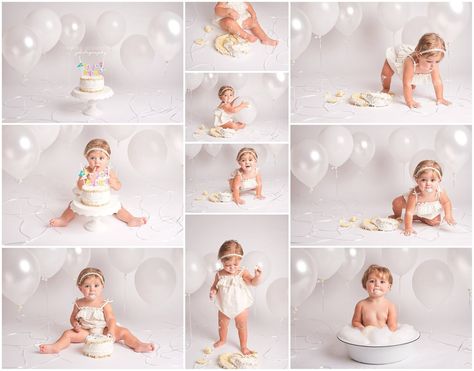 First Birthday White Theme, White First Birthday Photoshoot, White Cake Smash, Balloon Cake Smash, White 1st Birthday Photoshoot, Simple Cake Smash, Simple Cake Smash Photoshoot, First Birthday Studio Photos, White Cake Smash Photoshoot