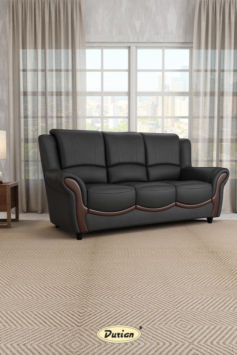 Relax on the Blos #PremiumLeatheretteSofa 🛋 for its: 1. Molded PVC legs 2. Curved fancy seating spaces 3. Premium black leatherette 4. 3 Seater Sofa #durianforhome #durianfurniture #Premiumleatherettesofa #sofa #sofadesign #sofastyle #homefurniture #sofamaterial #sofaset #couch #livingroomfurniture #homedecor #homedesignideas #3seatersofa Sofaset Couch, Leatherette Sofa, Contemporary Sofa Design, Furniture Hinges, Sofa Material, Sofa Online, Black Sofa, Smart Furniture, Sofa Styling