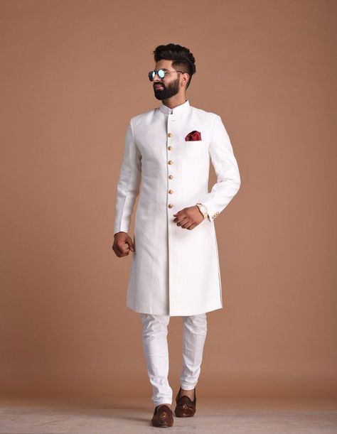 Groomsmen Sherwani, White Wedding Suits For Men, Achkan For Men, Wedding Wear For Men, Mens White Suit, Churidar Pajama, Pearl White Color, Sherwani Wedding, White Wedding Suit