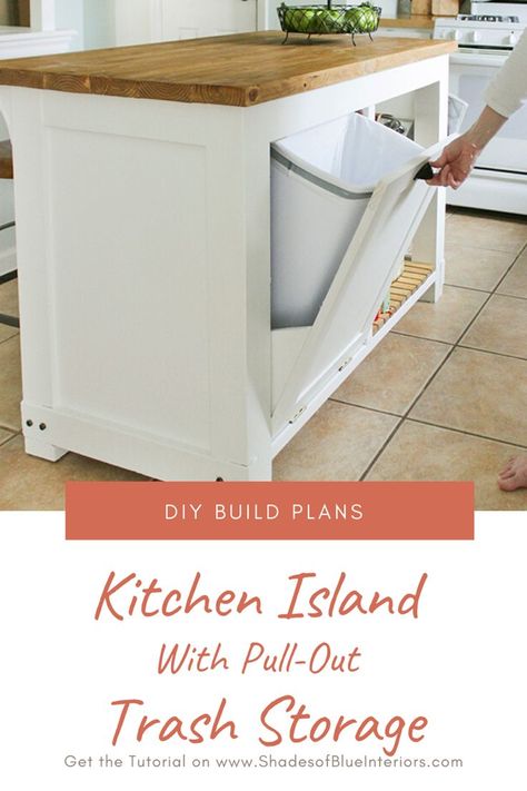 Pull Down Trash Cabinet, How To Make A Small Kitchen Island, 5ft Island Kitchen, Island Trash Pull Out, Trash Can In Island, Trash In Island Cabinet, 2x4 Kitchen Island, Build An Island For Kitchen, Diy Hidden Trash Can Kitchen