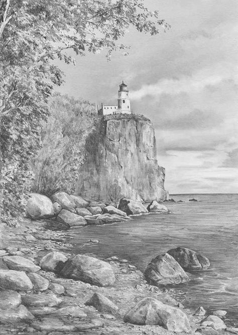 pencil drawing of lighthouse Easy Pencil Drawings, Lighthouse Drawing, Landscape Pencil Drawings, Pencil Drawing Tutorials, Landscape Sketch, رعب نفسي, White Drawing, John Singer Sargent, Urban Sketchers