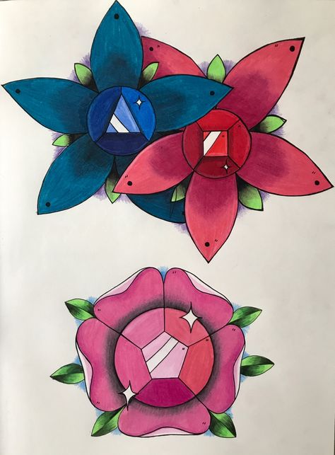 Sapphire Tattoo, Steven Universe Tattoo, Universe Tattoo, Ruby Sapphire, Floral Designs, Steven Universe, Rose Quartz, Tatting, Garnet