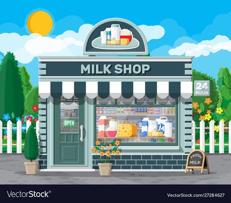 Milk Dairy Shop Interior Design, Milk Shop Design Ideas, Dairy Shop, Store Facade, Milk Store, Building Silhouette, Shopping Clipart, Outdoor Restaurant Design, Desain Editorial