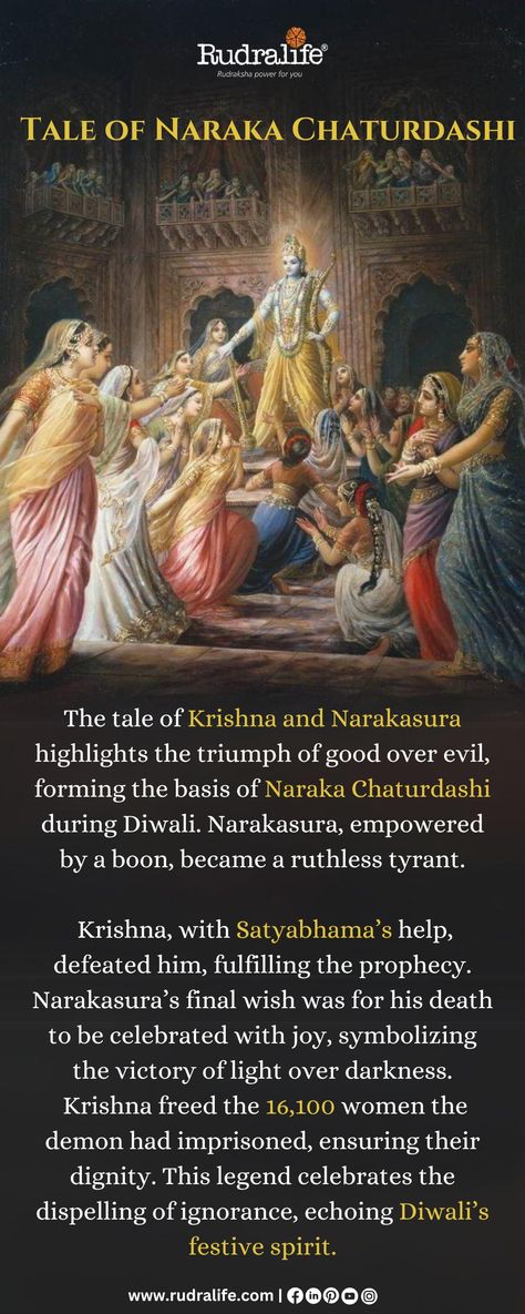 The legend of Naraka Chaturdashi celebrates the triumph of good over evil, as Lord Krishna, with Satyabhama’s help, defeated the tyrant Narakasura and freed thousands. This story inspires us to dispel darkness and ignorance, embodying the true spirit of Diwali. Let’s celebrate with joy, embracing the light within!

#NarakaChaturdashi #Diwali #VictoryOfLight #Rudralife #SpiritualWisdom #FestivalOfLights Naraka Chaturdashi, Good Over Evil, Science Facts, Photo Art Gallery, Spiritual Wisdom, Accessories Fashion, Lord Krishna, Mens Accessories Fashion, Shiva