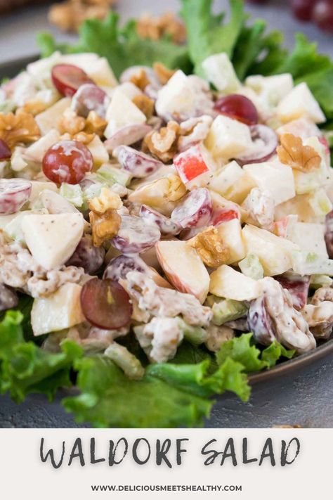 Sweet, crunchy and creamy this classic Waldorf salad recipe is a wonderful accompaniment to any meal. Packed with apples, grapes, celery and walnuts, and tossed in a mayonnaise dressing, it's easy to see why this traditional recipe has been so popular all of these years! Grape And Walnut Salad, Apple Salad Recipe Waldorf, Waldorf Salad Recipe Original, Waldorf Salad Dressing, Apple Waldorf Salad, Classic Waldorf Salad, Mayonnaise Dressing, Waldorf Salad Recipe, Fruit Dips