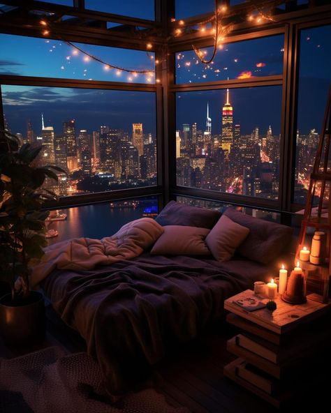 Room With City View At Night, City Apartment Aesthetic Bedroom, Rooftop Room Bedrooms, Winter Apartment Aesthetic, New York Apartment Window, New York Hotel Room Aesthetic, City Window Aesthetic, City View Apartment Night Window, Sky View Apartment